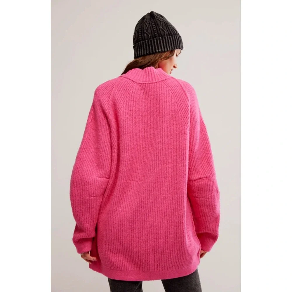 Free People Sunbeam Knit Oversized Mockneck Sweater Fuchsia Pink‎ Sz M Chunky